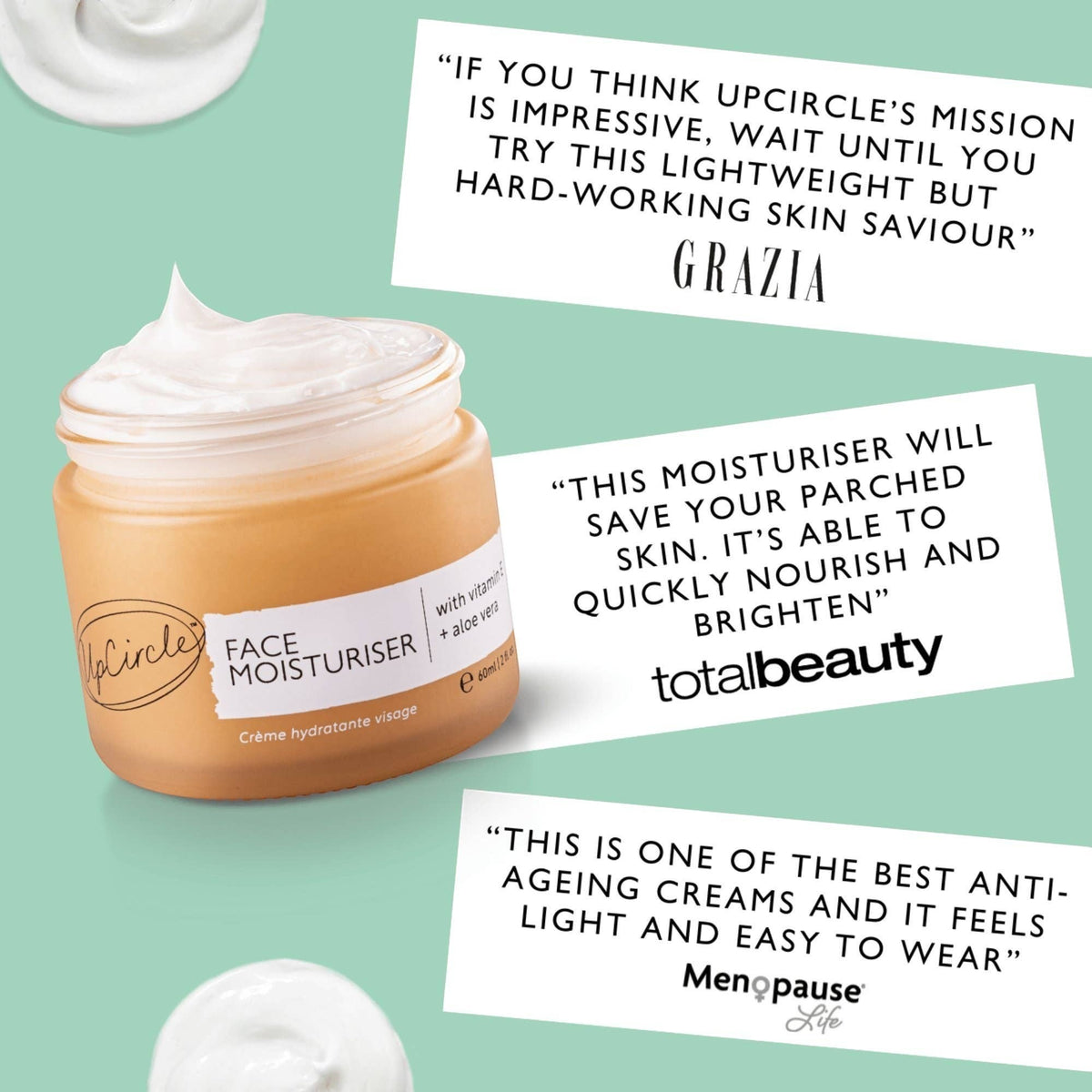 upcircle face moisturiser in a glass jar with vitamin E and aloe vera, surrounded by press quotes on a green background.