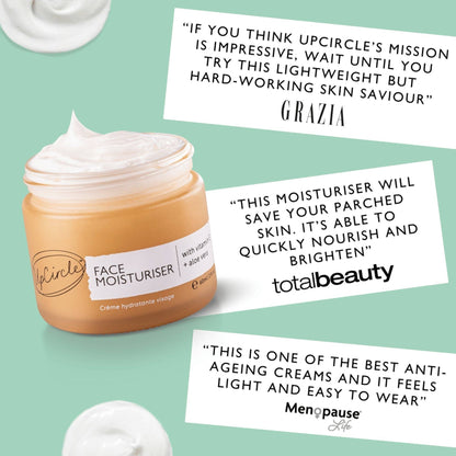 upcircle face moisturiser in a glass jar with vitamin E and aloe vera, surrounded by press quotes on a green background.