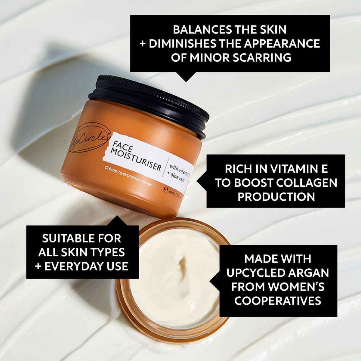 upcircle face moisturiser in a glass jar with Vitamin E and aloe vera, featuring a creamy texture and sustainable design.