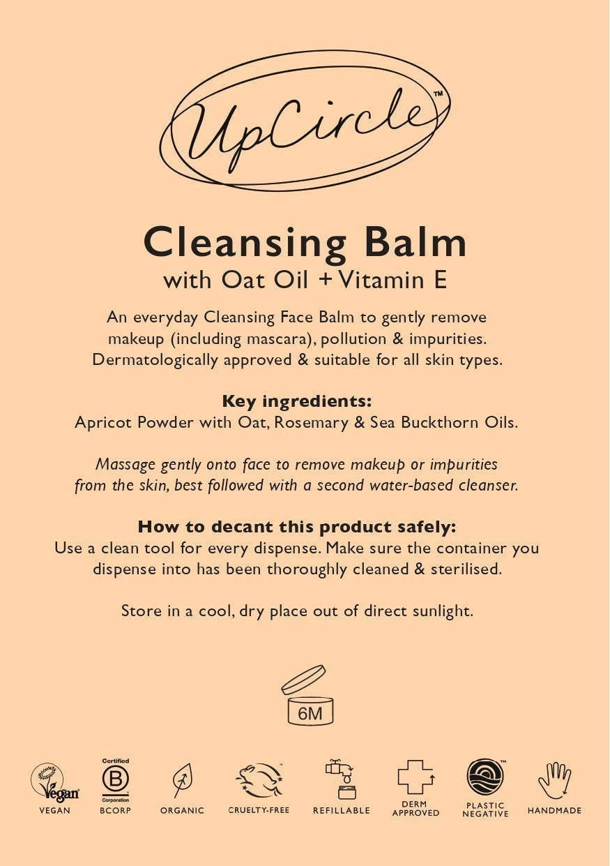 upcircle Natural Cleansing Balm packaging label featuring ingredients like oat oil, vitamin E, and apricot powder.