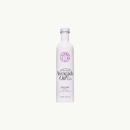 uppaclub extra virgin avocado oil in a white 500ml bottle with minimalist branding and cold-pressed label details.