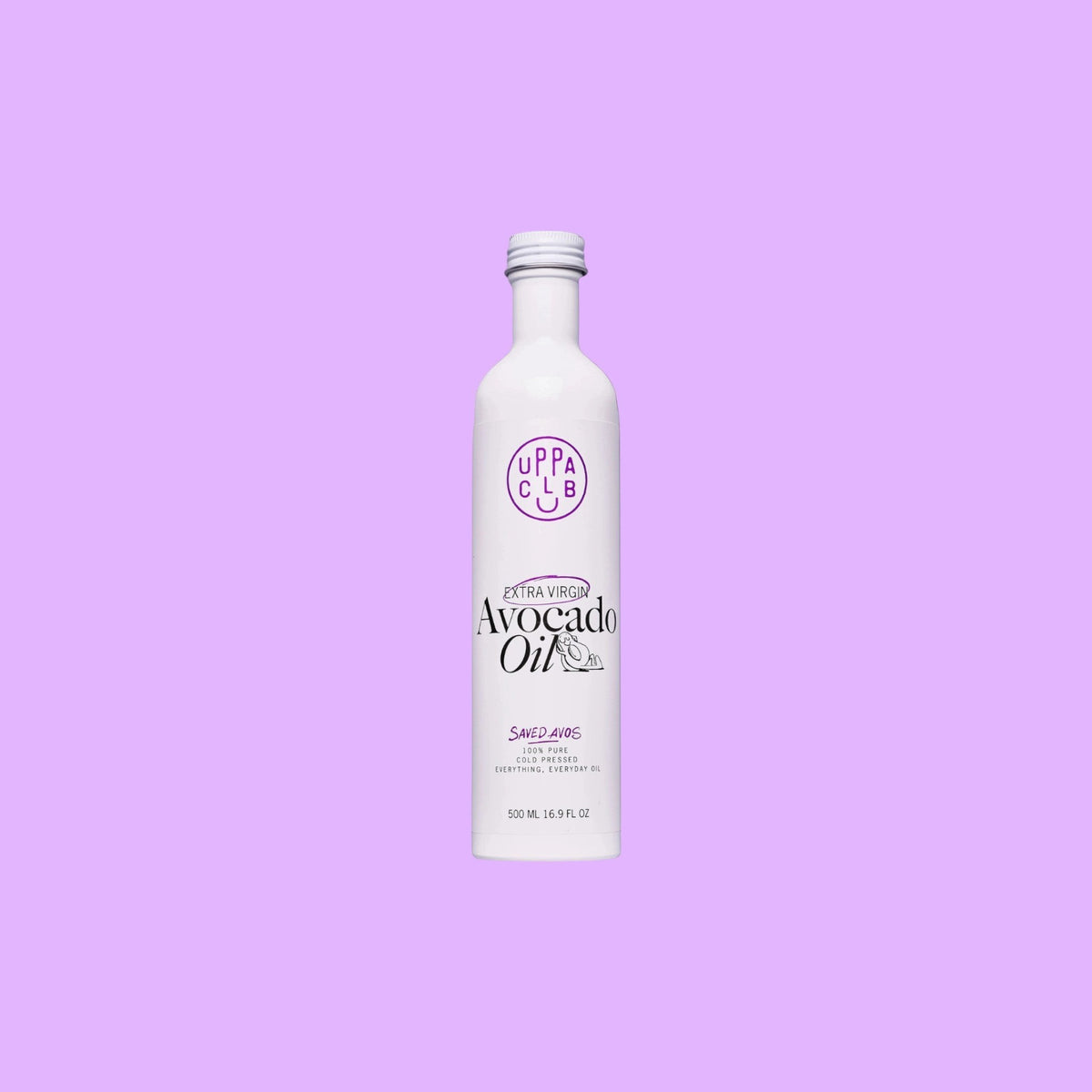 uppaclub extra virgin avocado oil in a white bottle with minimalist branding and 500ml capacity