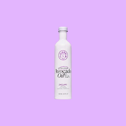uppaclub extra virgin avocado oil in a white bottle with minimalist branding and 500ml capacity