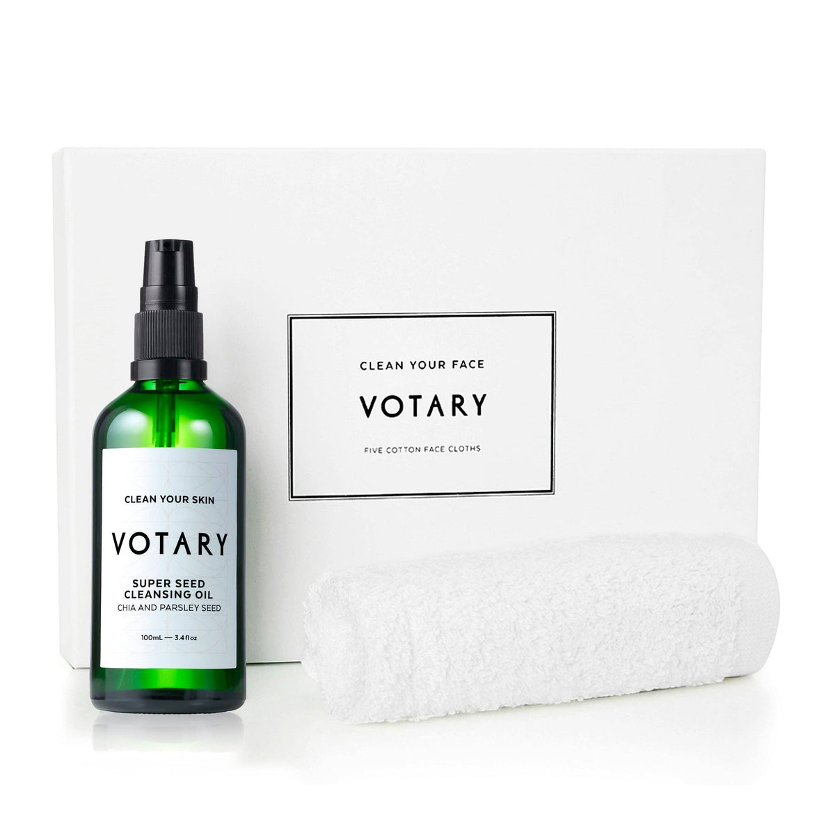 votary Super Seed Cleansing Oil 100ml bottle with a white cotton face cloth and gift box for gentle skincare