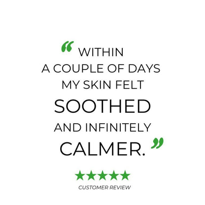 Votary Super Seed Serum customer review graphic featuring a five-star rating and text about skin feeling soothed.