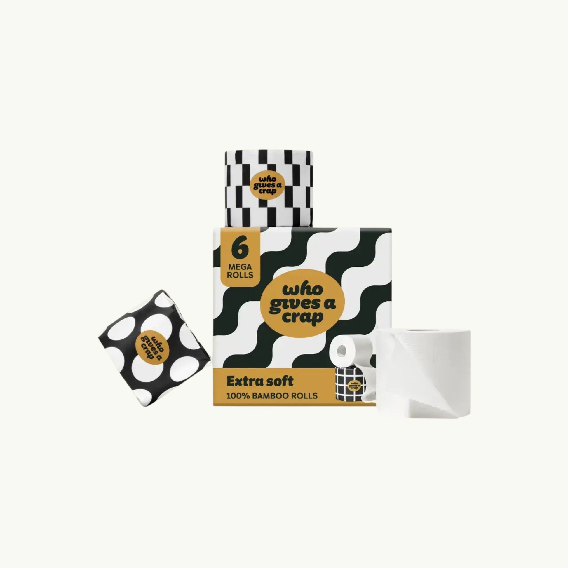 Who Gives A Crap 6-pack of extra soft 3-ply bamboo toilet tissue rolls in plastic-free patterned paper wrapping