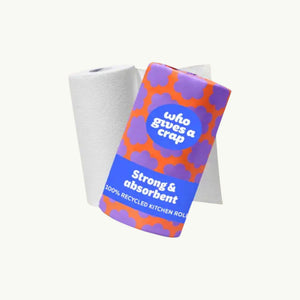 Who Gives A Crap double length 2-ply kitchen roll in orange and purple patterned paper wrapping
