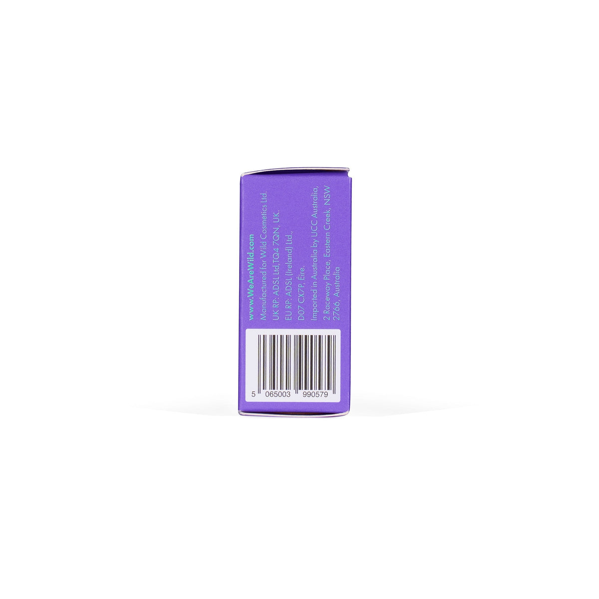 Wild coconut and vanilla deodorant refill in a purple compostable bamboo pulp casing, side view with product details.