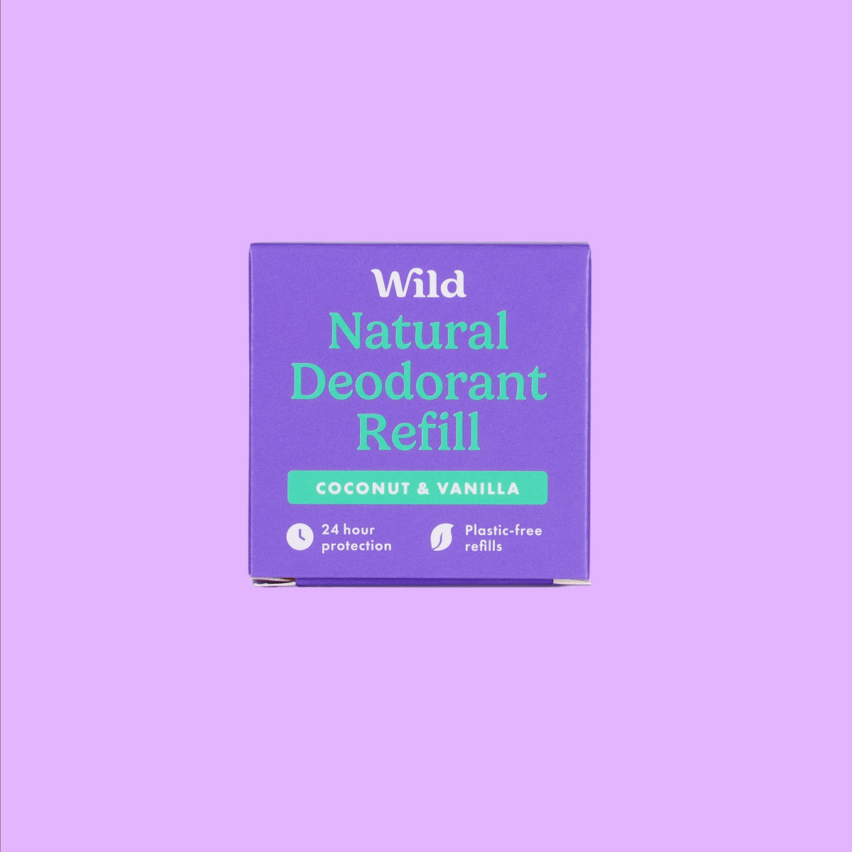 Wild natural deodorant refill in coconut and vanilla scent, packaged in a purple compostable bamboo pulp box, shown from a different angle.