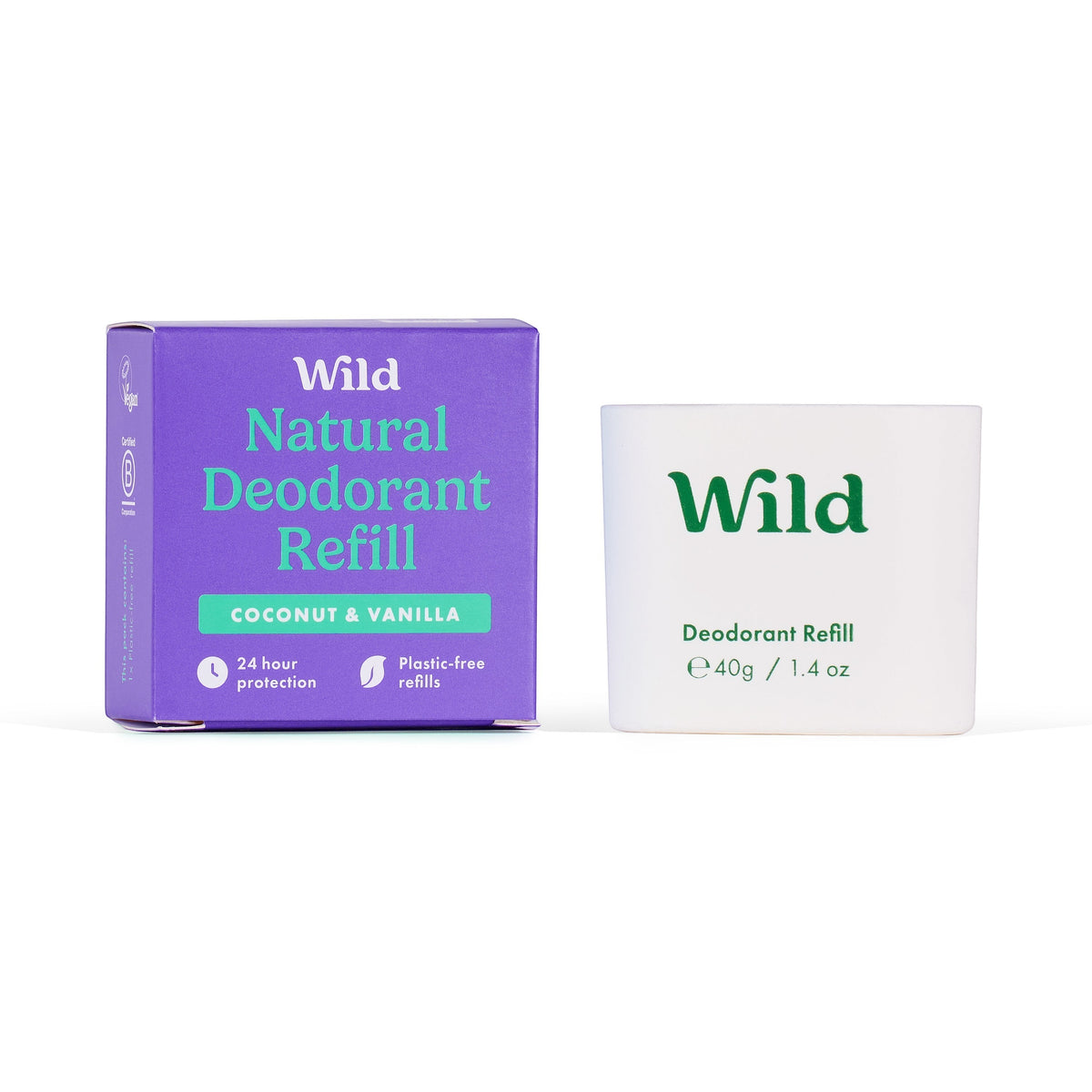 Wild natural deodorant refill in coconut and vanilla scent with purple compostable packaging and white refill