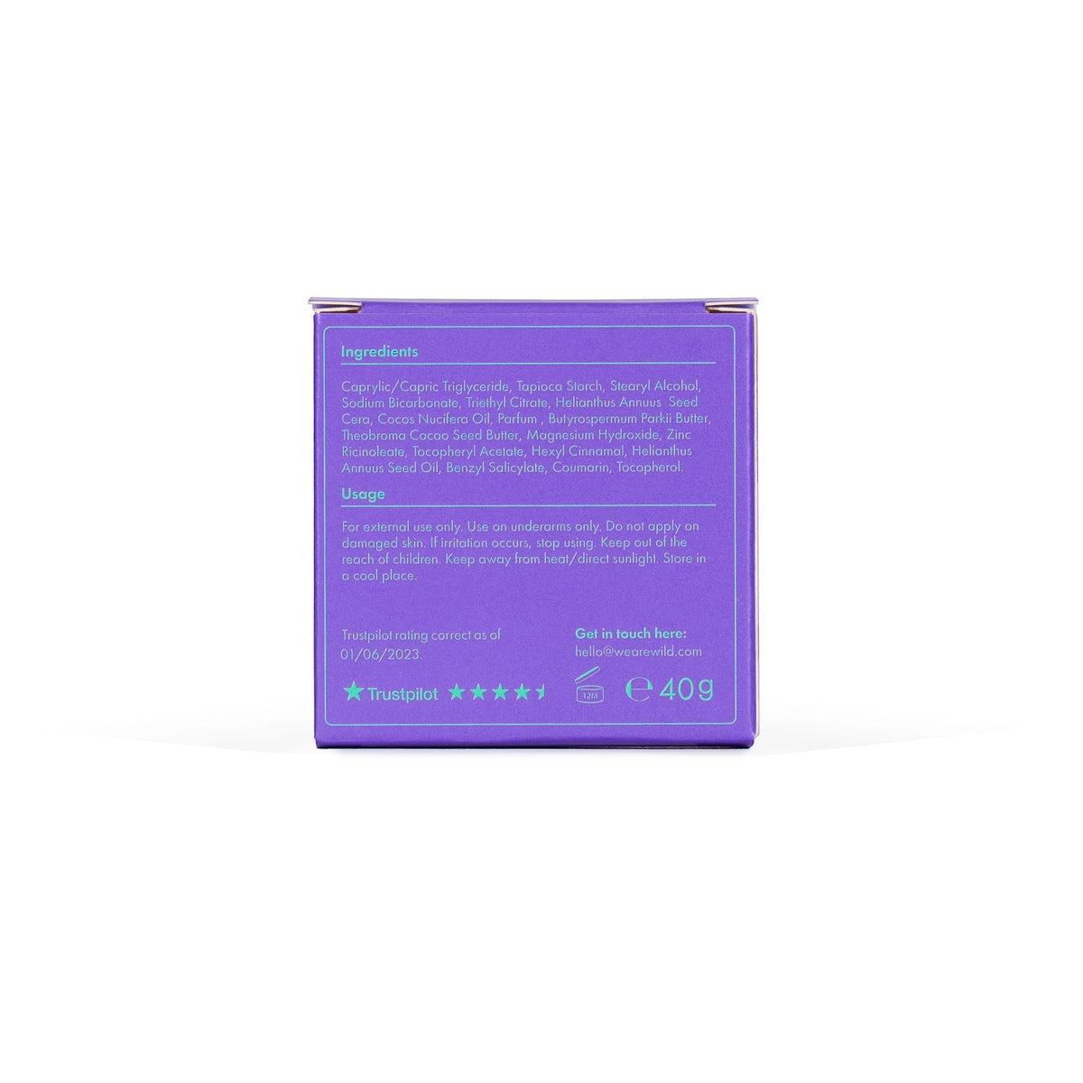 Wild deodorant refill packaging back view showing ingredients and usage instructions on a purple background