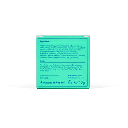 Wild Fresh Cotton and Sea Salt deodorant refill box showing ingredients list and usage instructions on teal back