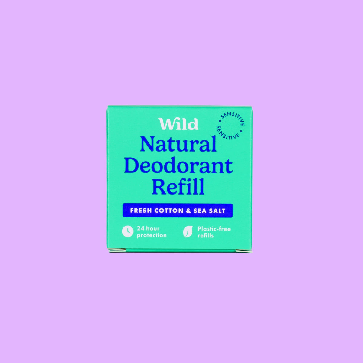 Wild natural deodorant refill in Fresh Cotton and Sea Salt scent, plastic-free sensitive formula in teal box.