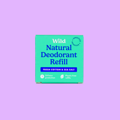 Wild natural deodorant refill in Fresh Cotton and Sea Salt scent, plastic-free sensitive formula in teal box.