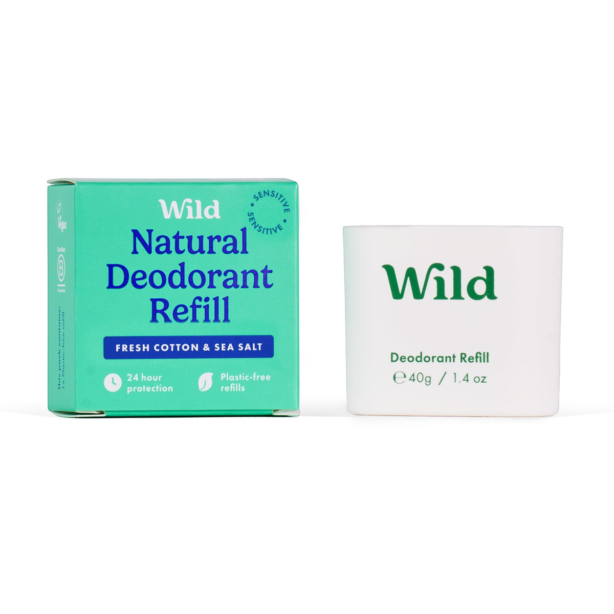 Wild natural deodorant refill in Fresh Cotton and Sea Salt scent with compostable packaging and white refill