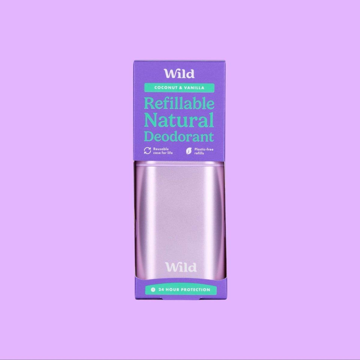 Wild refillable natural deodorant in a purple anodised aluminium case with coconut and vanilla scent packaging (view 2).