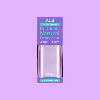 Wild refillable natural deodorant in a purple anodised aluminium case with coconut and vanilla scent packaging (view 2).