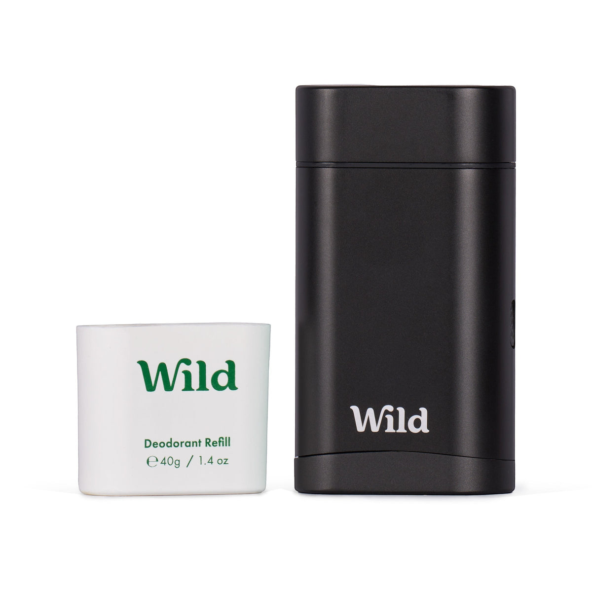 Wild refillable deodorant starter pack with a matte black aluminium case and a fresh cotton and sea salt refill