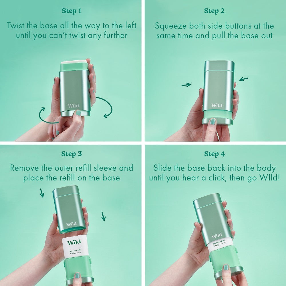 Wild deodorant four-step instructional guide on how to refill a matte green aluminium deodorant case with a fresh refill