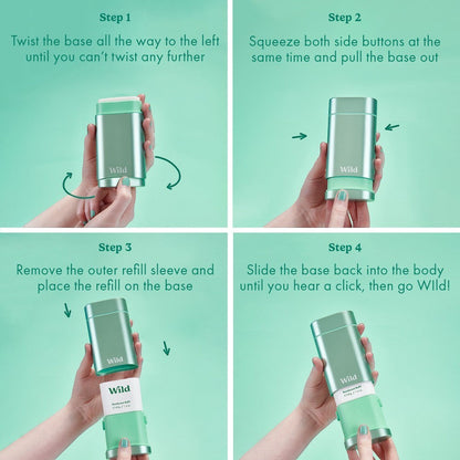 Wild deodorant four-step instructional guide on how to refill a matte green aluminium deodorant case with a fresh refill