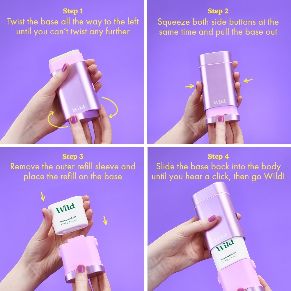Wild refillable deodorant instructions showing how to replace the coconut and vanilla refill in the purple case.