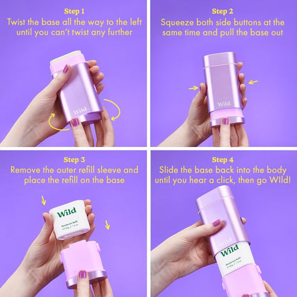 Wild refillable deodorant instructions showing how to replace the coconut and vanilla refill in the purple case.