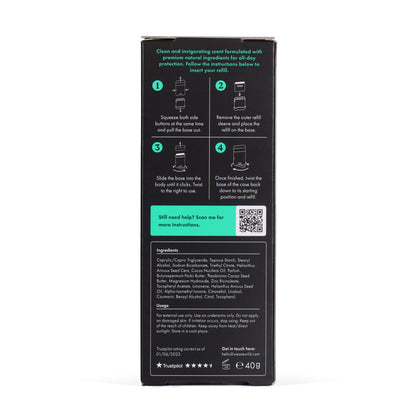 Wild refillable deodorant packaging back view with instructions and ingredient list on a black background