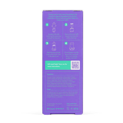 Wild refillable deodorant packaging back view with usage instructions and ingredient list in purple and white