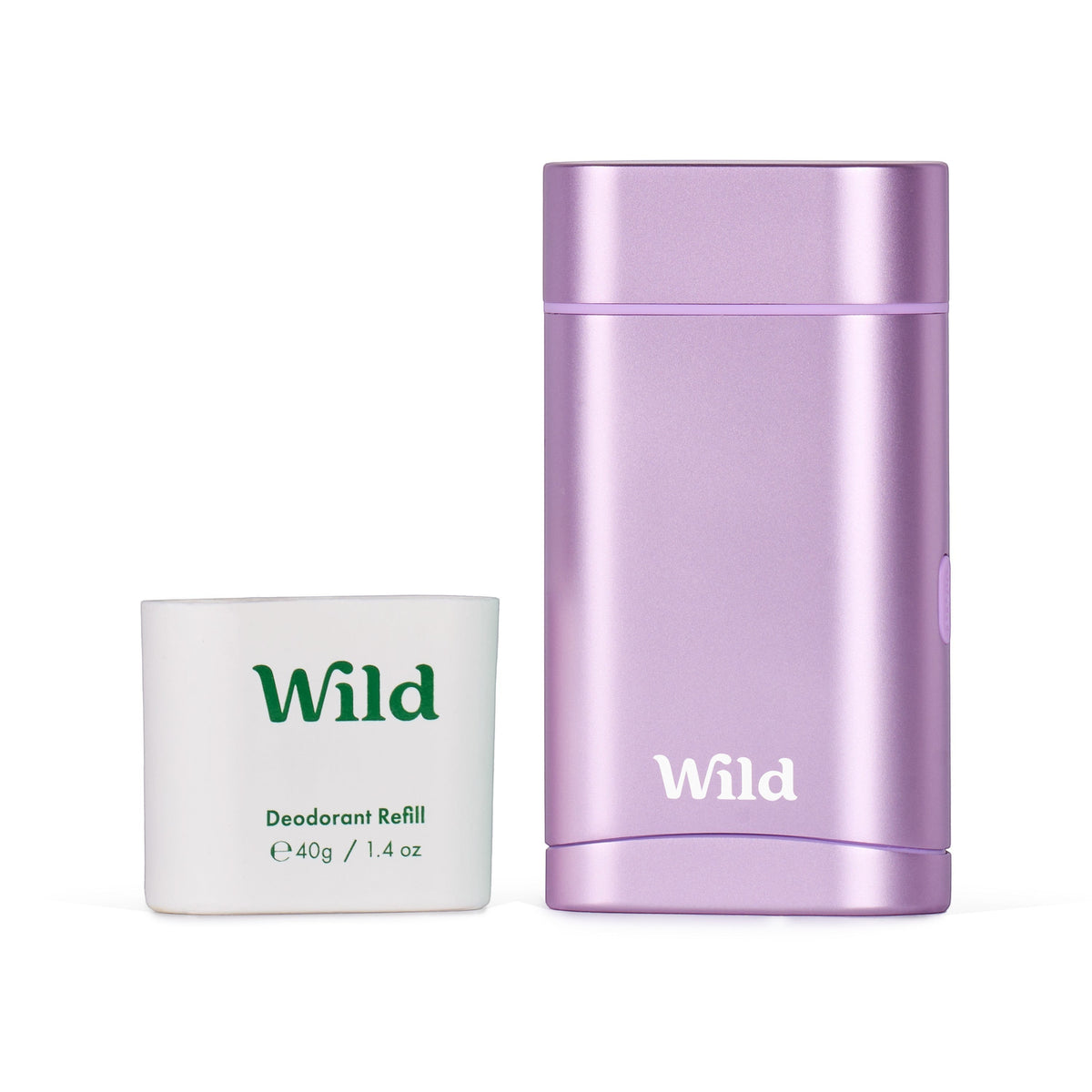 Wild refillable deodorant starter pack with a purple anodised aluminium case and coconut vanilla refill