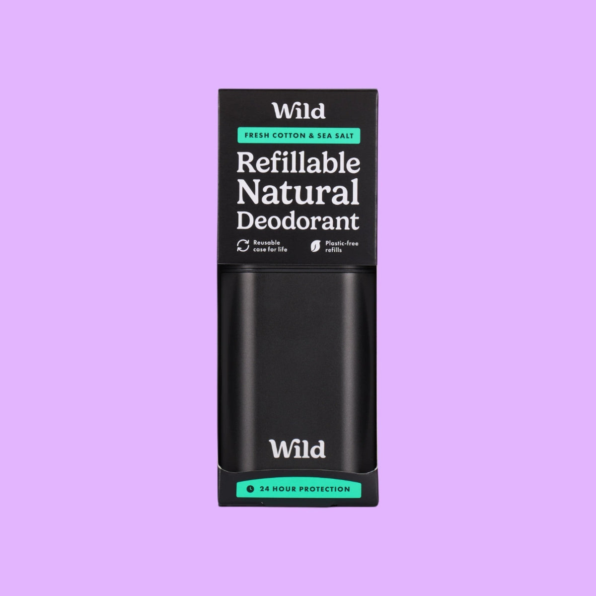 Wild refillable natural deodorant in a matte black aluminium case with Fresh Cotton and Sea Salt packaging (view 2).