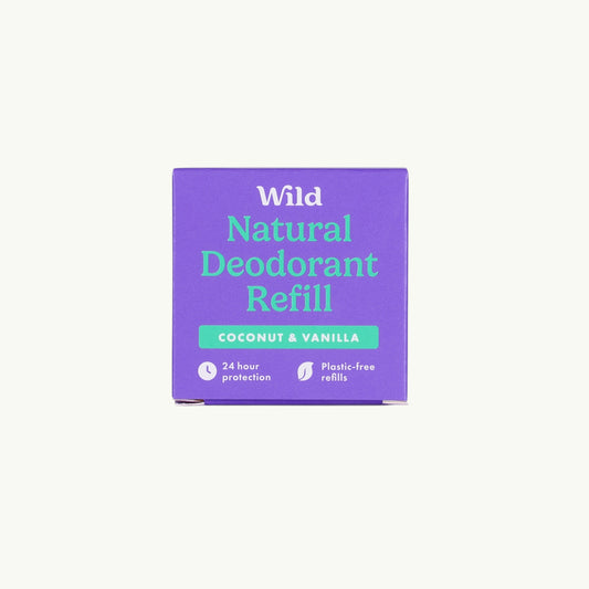 Wild natural deodorant refill in coconut and vanilla scent, packaged in a purple compostable bamboo pulp box.