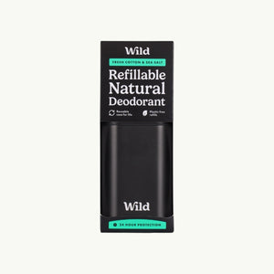 Wild refillable natural deodorant in a matte black aluminium case with Fresh Cotton and Sea Salt packaging