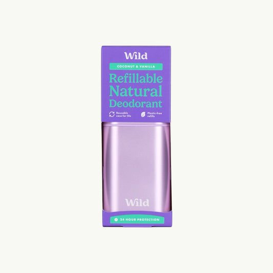 Wild refillable natural deodorant in a purple anodised aluminium case with coconut and vanilla scent packaging.