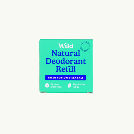 Wild natural deodorant refill in Fresh Cotton and Sea Salt scent, sensitive formula in a green compostable box.