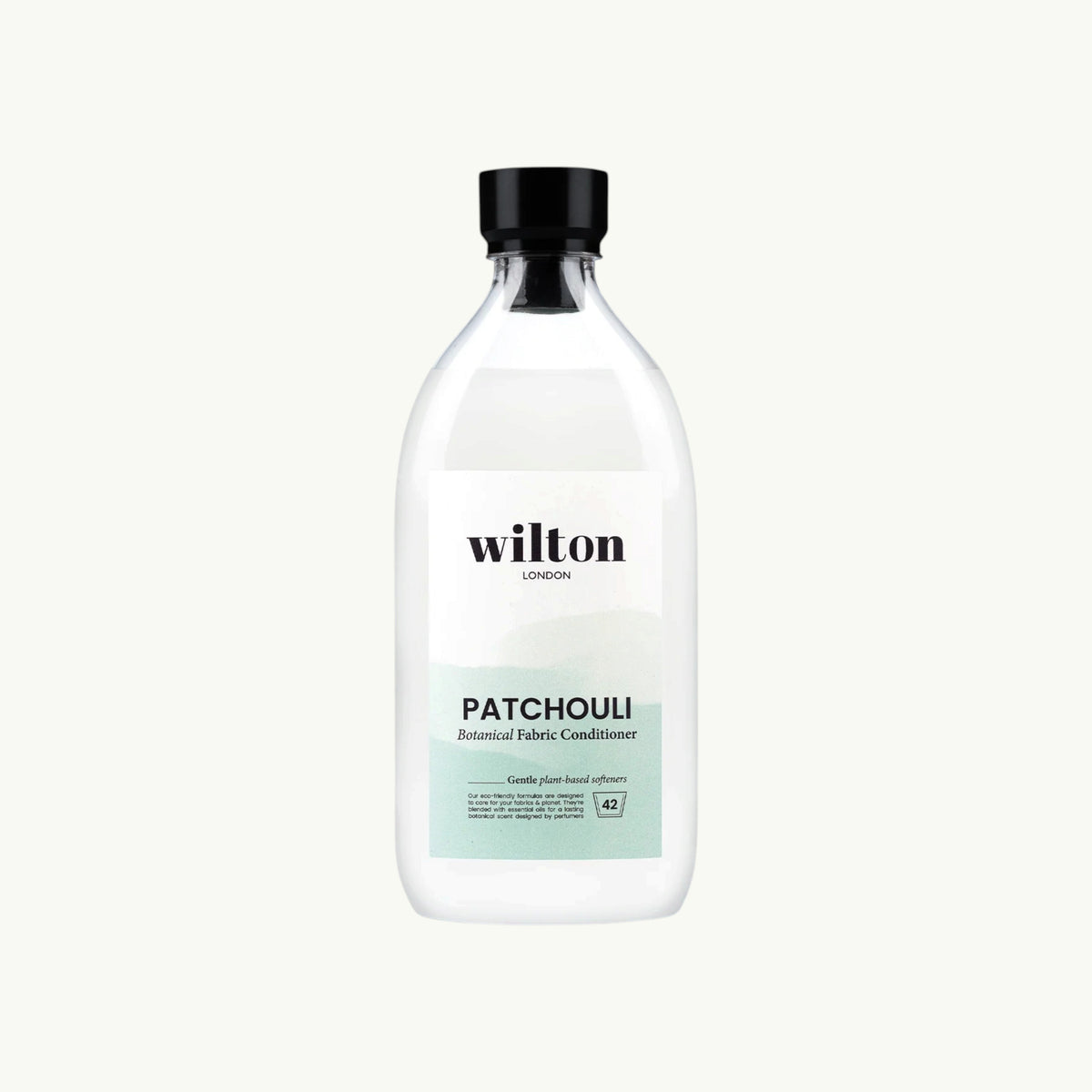Wilton London Patchouli plant-based fabric conditioner in a 1.05L clear bottle with a black cap