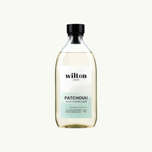 Wilton London Patchouli non-bio laundry liquid in a clear 1.05L bottle with a black cap on a light background.